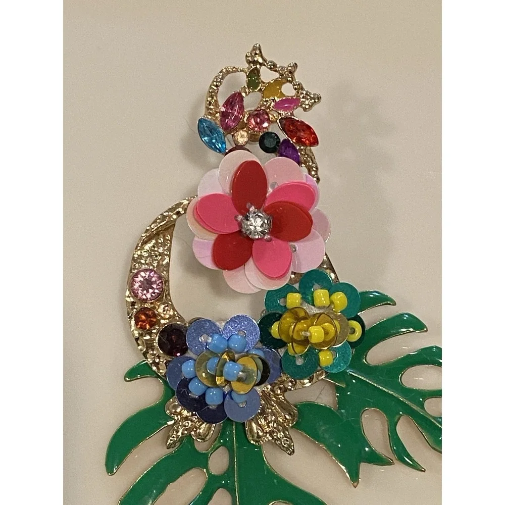 Vintage Flowers and Palm Leaf Drop Pierced Earrings 3.5 Inches Long Multi-color